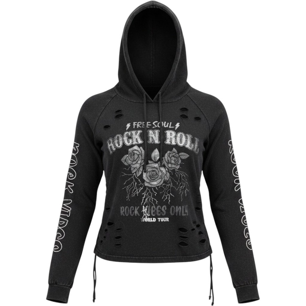 On Fire Rock N Roll Distressed Graphic Hoodie‎ Faded Black Women Medium